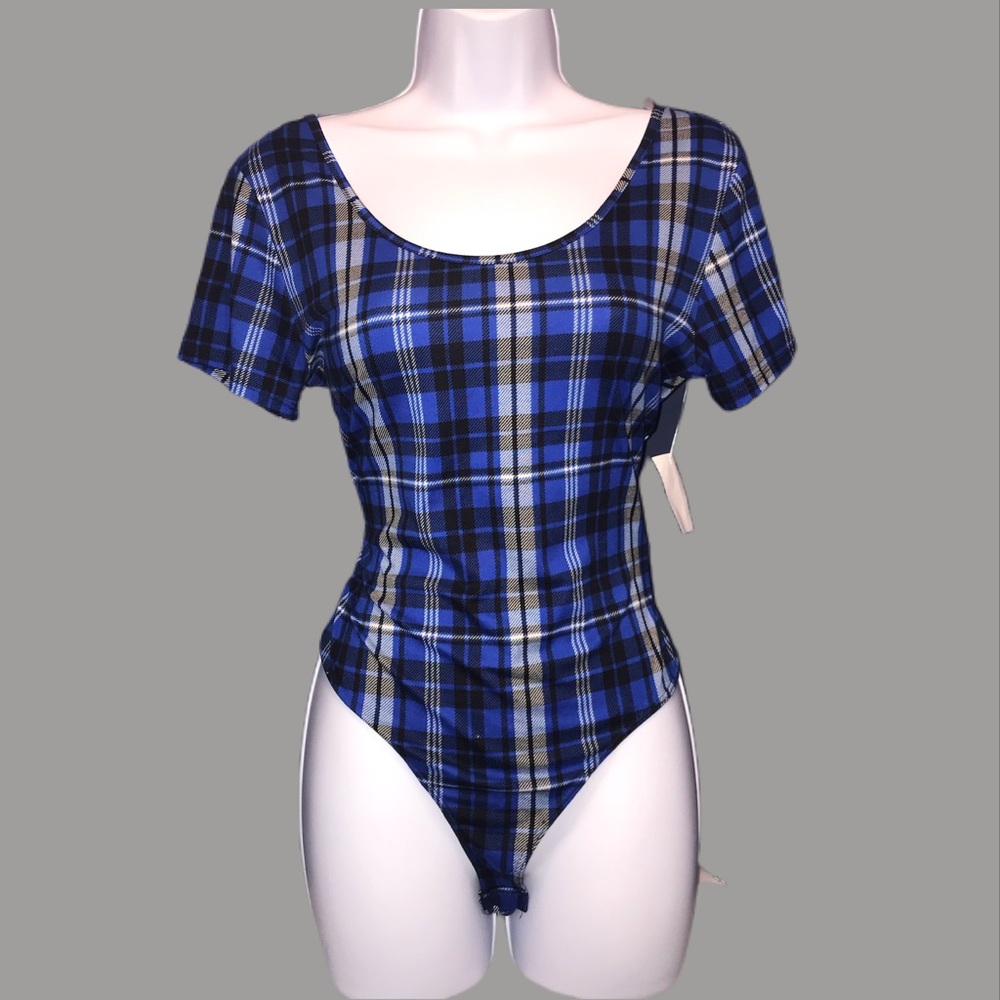 Charlotte Russe Plaid Bodysuit | Blue Check Fitted Top | Casual Trendy Style M